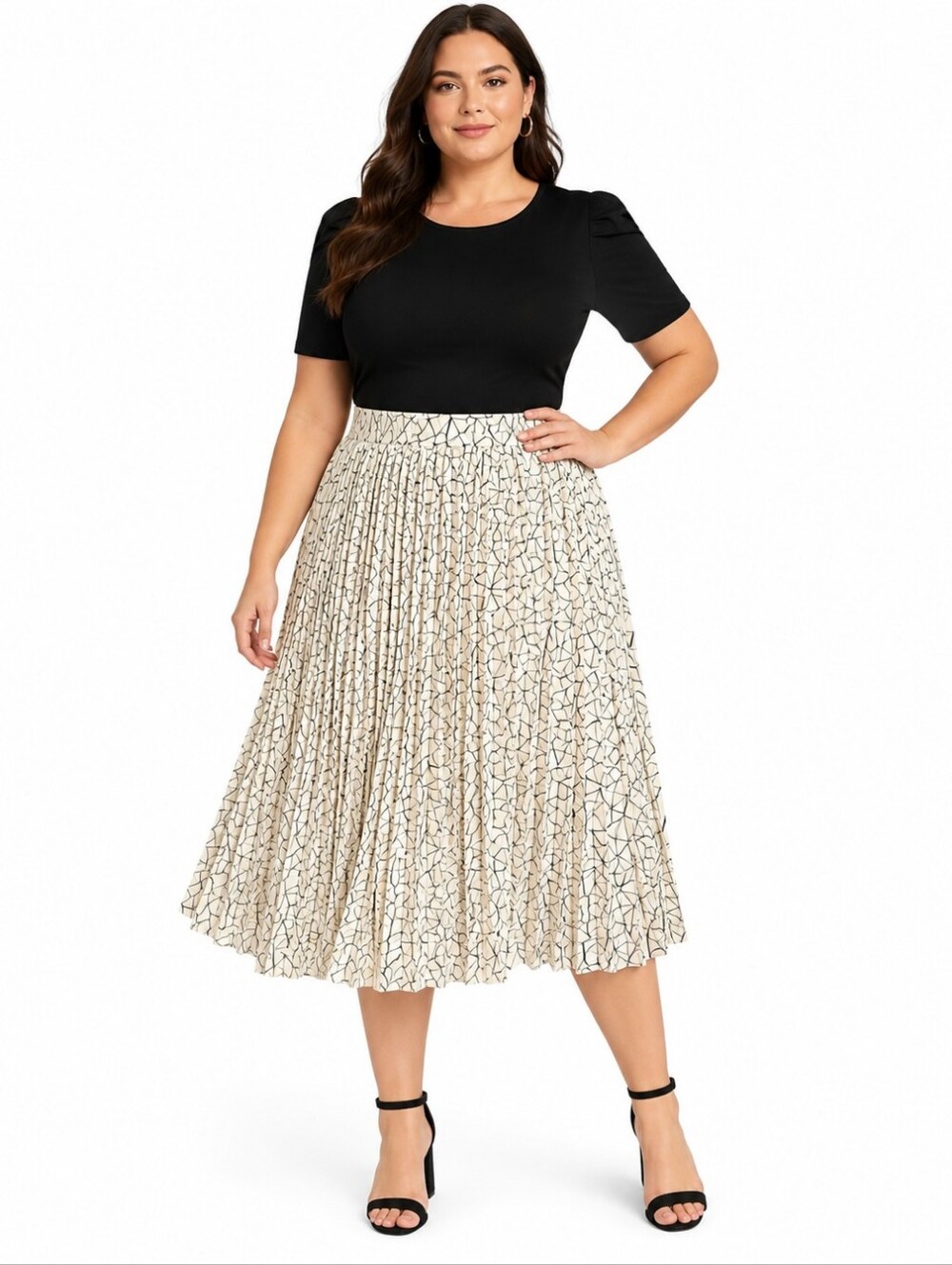 Future Collective Pleated Midi Skirt Womens 4X Cream Black Geometric NWT